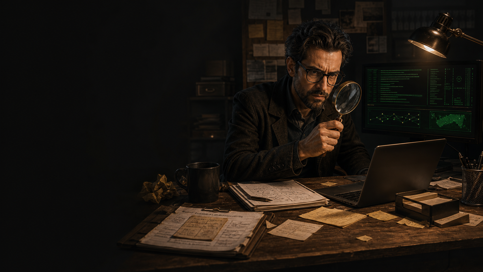 A fictional QA investigator reviewing software clues at a dim desk.